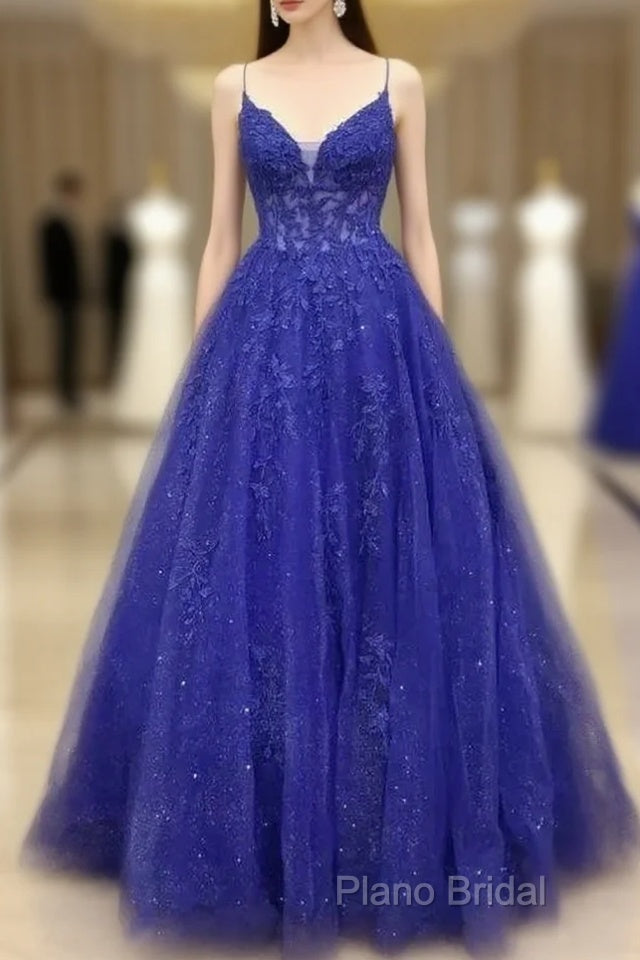 A-Line Royal Blue Formal Gown Long V-Neck Lace Formal Prom Dresses Applique