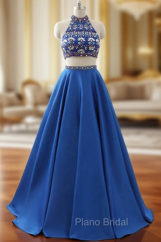 A-Line Royal Blue Satin Two Piece Halter Backless Formal Prom Dresses With Crystal Main image
