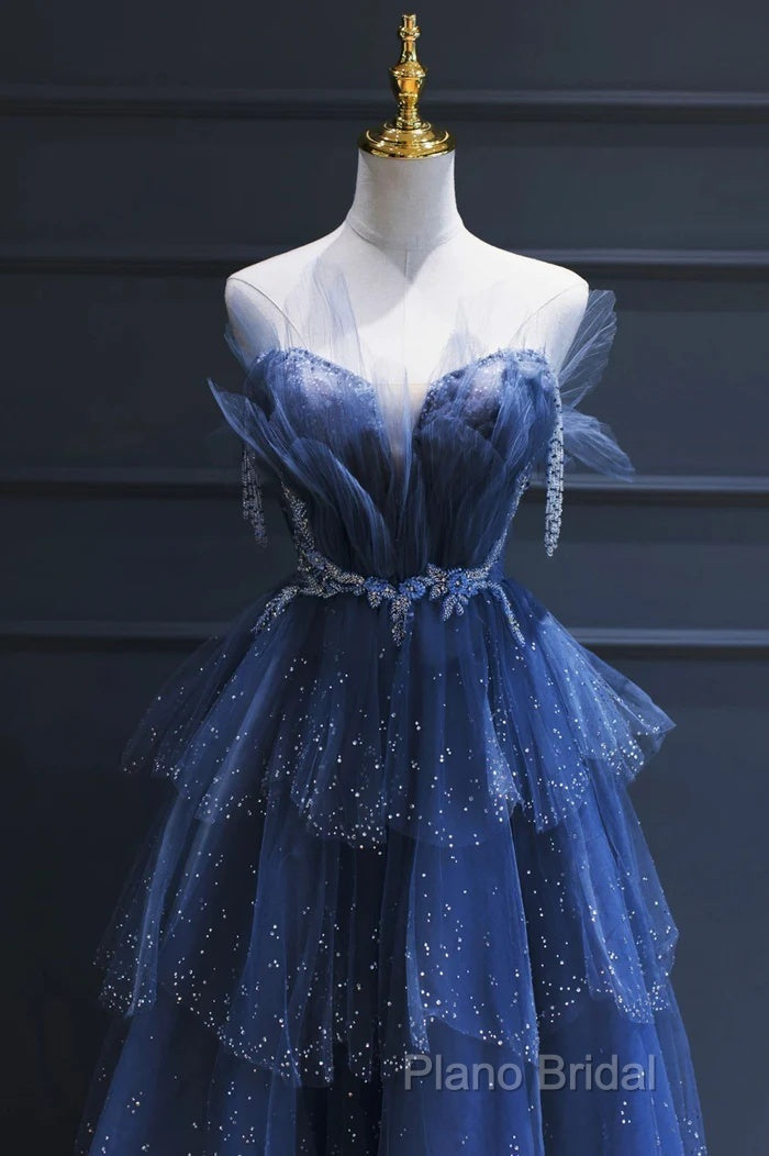 A Line Royal Blue Tulle Beaded Long Senior Formal Prom Dresses