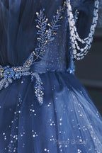 A Line Royal Blue Tulle Beaded Long Senior Formal Prom Dresses