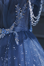 A Line Royal Blue Tulle Beaded Long Senior Formal Prom Dresses