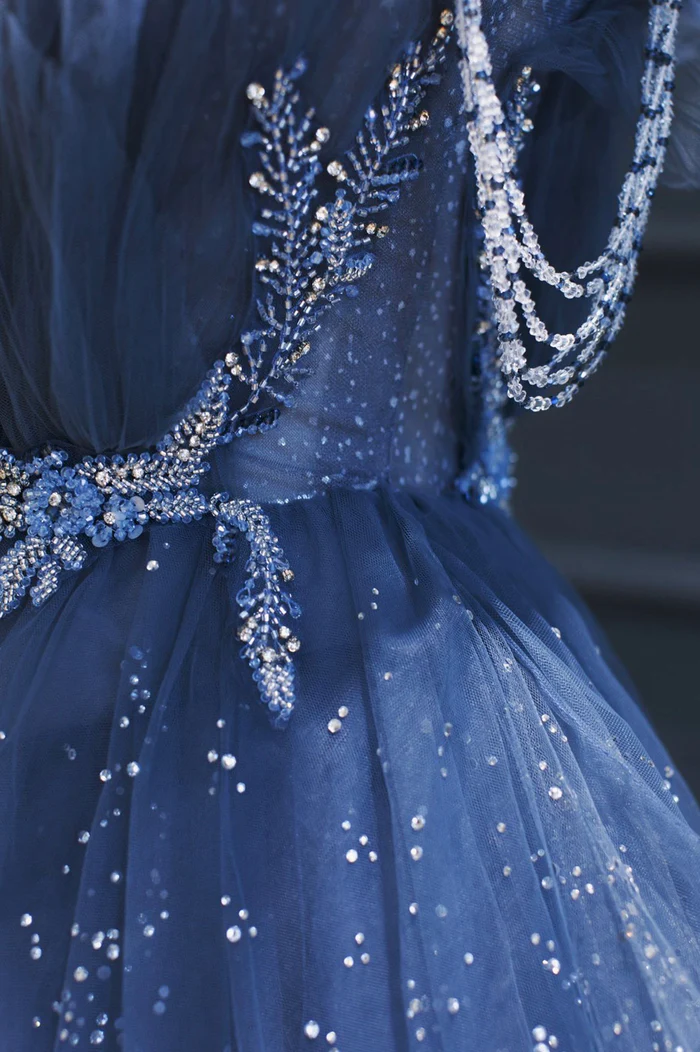 A Line Royal Blue Tulle Beaded Long Senior Formal Prom Dresses