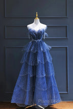 A Line Royal Blue Tulle Beaded Long Senior Formal Prom Dresses