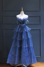 A Line Royal Blue Tulle Beaded Long Senior Formal Prom Dresses