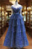 A Line Royal Blue Tulle Beaded Long Senior Formal Prom Dresses