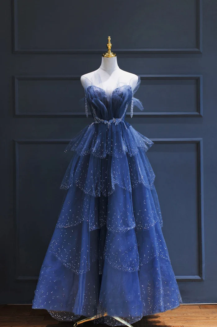 A Line Royal Blue Tulle Beaded Long Senior Formal Prom Dresses Main image