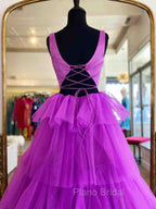 A Line Ruffles Purple Tulle Long Formal Prom Dresses
