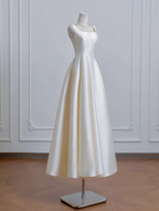 A-Line Satin Beige Long Formal Prom Dresses, Beige Long Formal Dresses