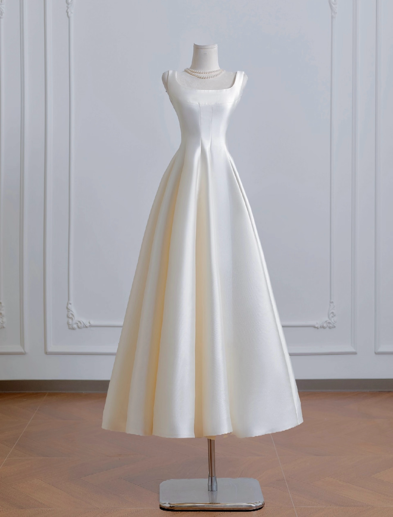 A-Line Satin Beige Long Formal Prom Dresses, Beige Long Formal Dresses Main image