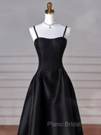 A-Line  Satin Black Long Formal Prom Dresses, Black Long Evening Dresses