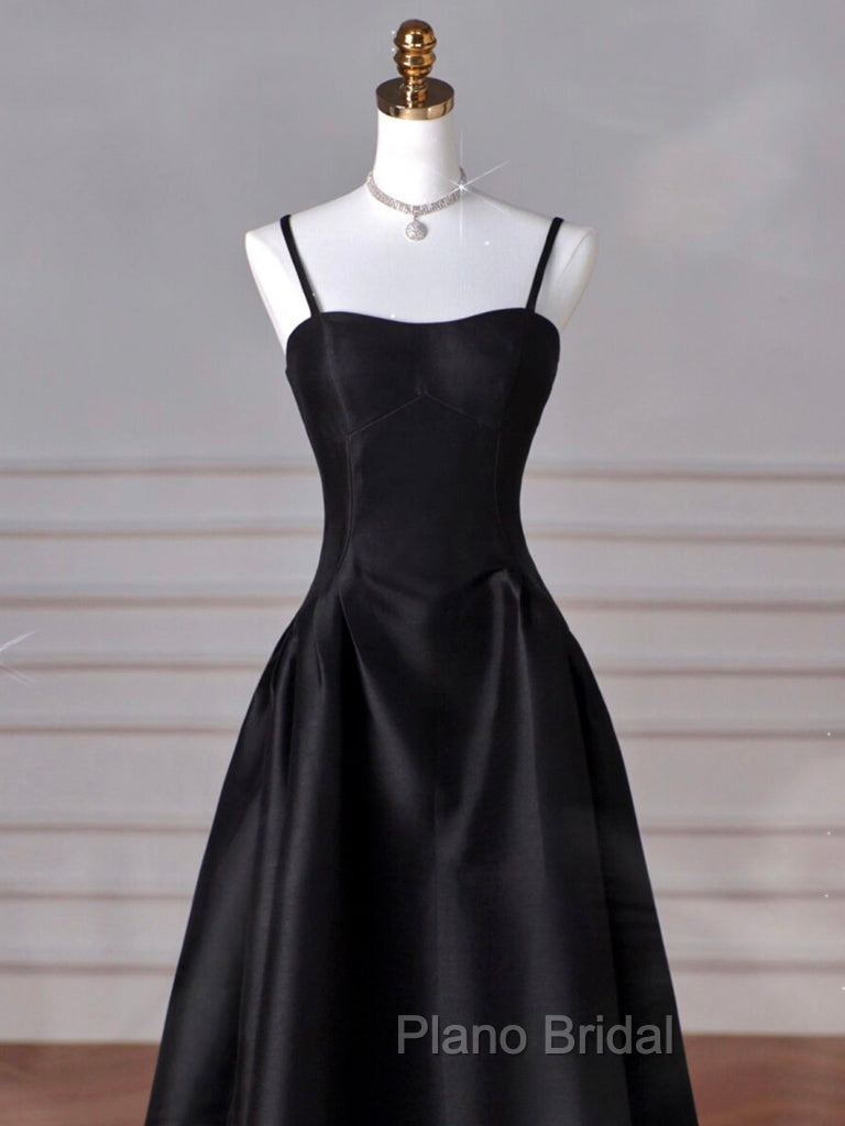 A-Line  Satin Black Long Formal Prom Dresses, Black Long Evening Dresses