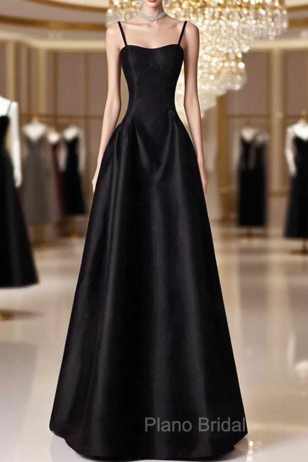 A-Line  Satin Black Long Formal Prom Dresses, Black Long Evening Dresses Main image