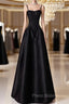 A-Line  Satin Black Long Formal Prom Dresses, Black Long Evening Dresses