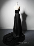 A-Line Satin Black Long Formal Prom Dresses, Black Long Formal Dresses