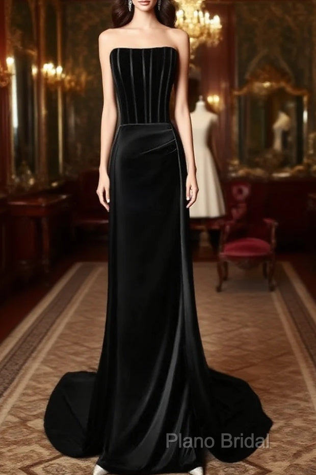 A-Line Satin Black Long Formal Prom Dresses, Black Long Formal Dresses Main image
