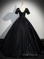 A-Line Satin Black Long Formal Prom Dresses Quinceanera Dresses Short Sleeves Formal Dresses