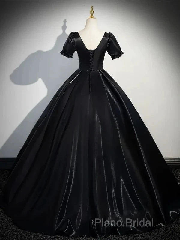 A-Line Satin Black Long Formal Prom Dresses Quinceanera Dresses Short Sleeves Formal Dresses Secondary image