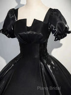 A-Line Satin Black Long Formal Prom Dresses Quinceanera Dresses Short Sleeves Formal Dresses