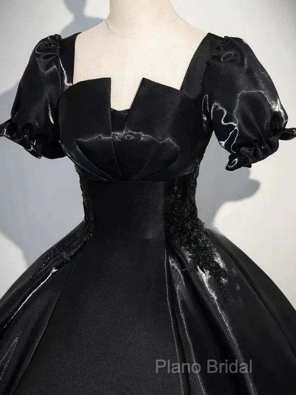 A-Line Satin Black Long Formal Prom Dresses Quinceanera Dresses Short Sleeves Formal Dresses