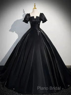 A-Line Satin Black Long Formal Prom Dresses Quinceanera Dresses Short Sleeves Formal Dresses