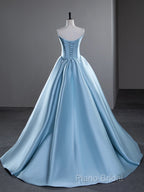 A-Line Satin Blue Long Formal Prom Dresses, Blue Long Formal Dresses