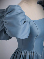 A-Line Satin Blue Long Formal Prom Dresses, Blue Long Formal Dresses