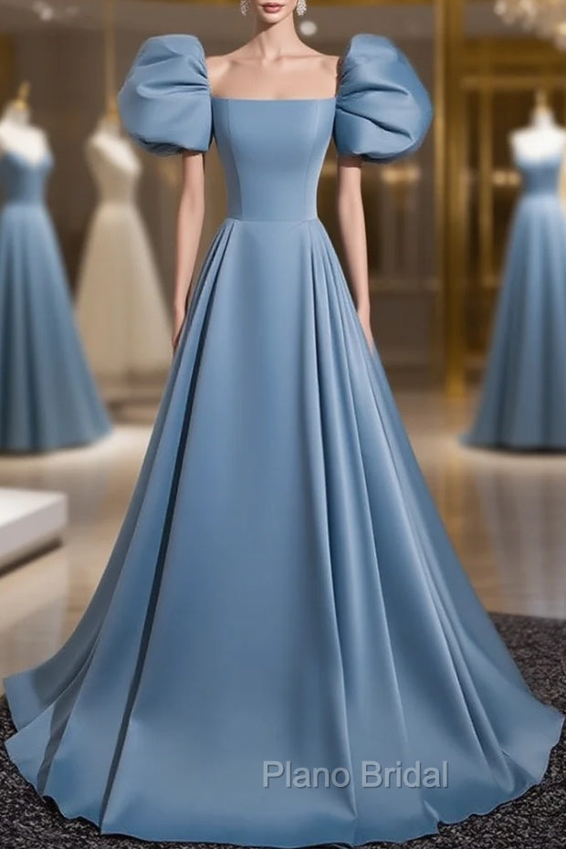 A-Line Satin Blue Long Formal Prom Dresses, Blue Long Formal Dresses Main image