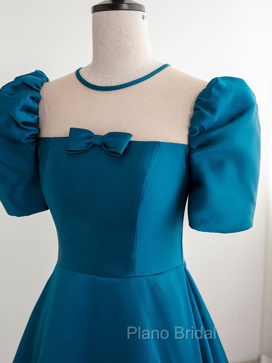 A-Line Satin Blue Long Formal Prom Dresses, Blue Long Formal Evening Dresses