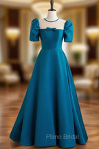 A-Line Satin Blue Long Formal Prom Dresses, Blue Long Formal Evening Dresses