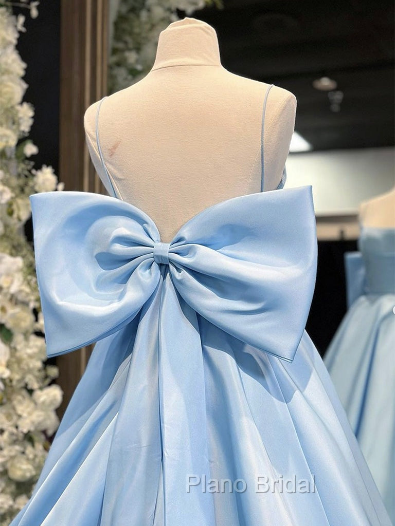 A-Line Satin Blue Long Formal Prom Dresses, Blue Long Graduation Dresses
