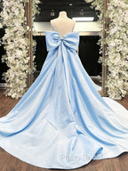 A-Line Satin Blue Long Formal Prom Dresses, Blue Long Graduation Dresses