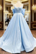 A-Line Satin Blue Long Formal Prom Dresses, Blue Long Graduation Dresses