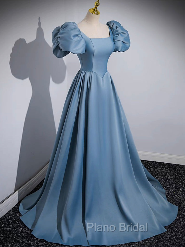 A-Line Satin Blue Long Formal Prom Dresses, Blue Satin Long Evening Dresses