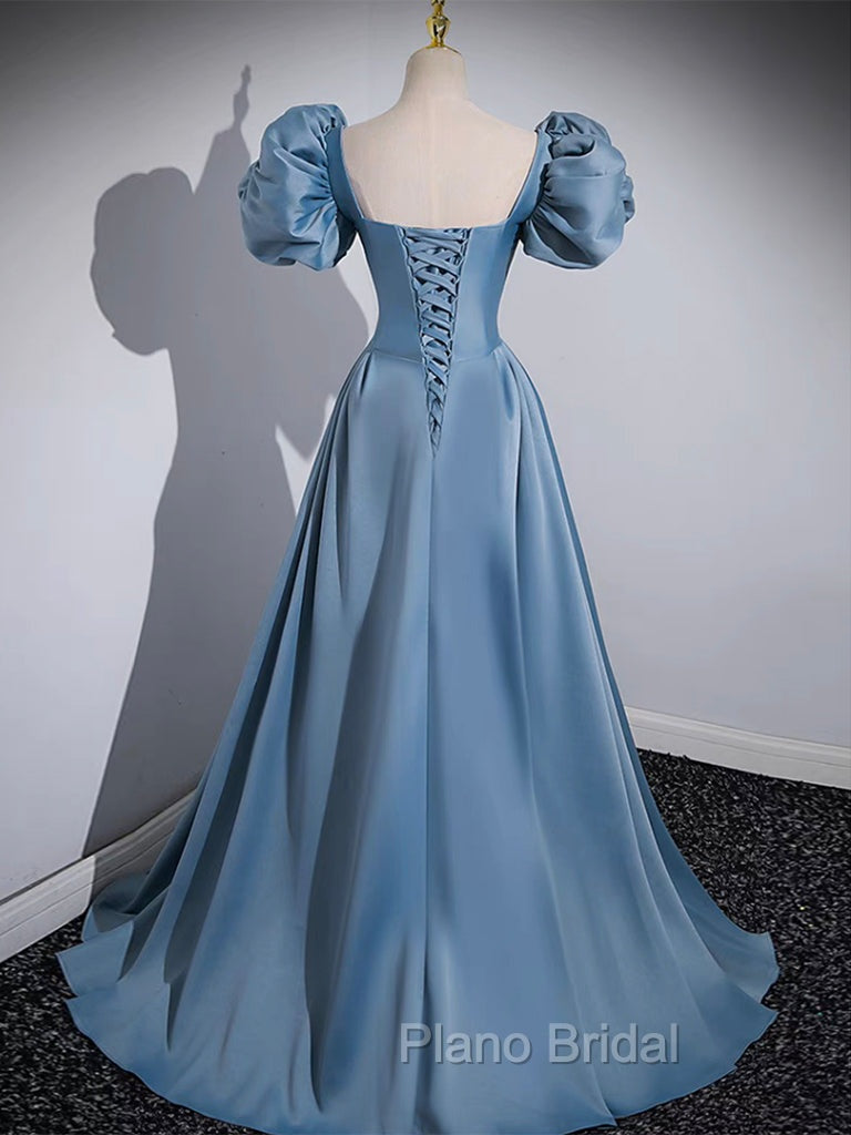 A-Line Satin Blue Long Formal Prom Dresses, Blue Satin Long Evening Dresses