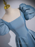 A-Line Satin Blue Long Formal Prom Dresses, Blue Satin Long Evening Dresses