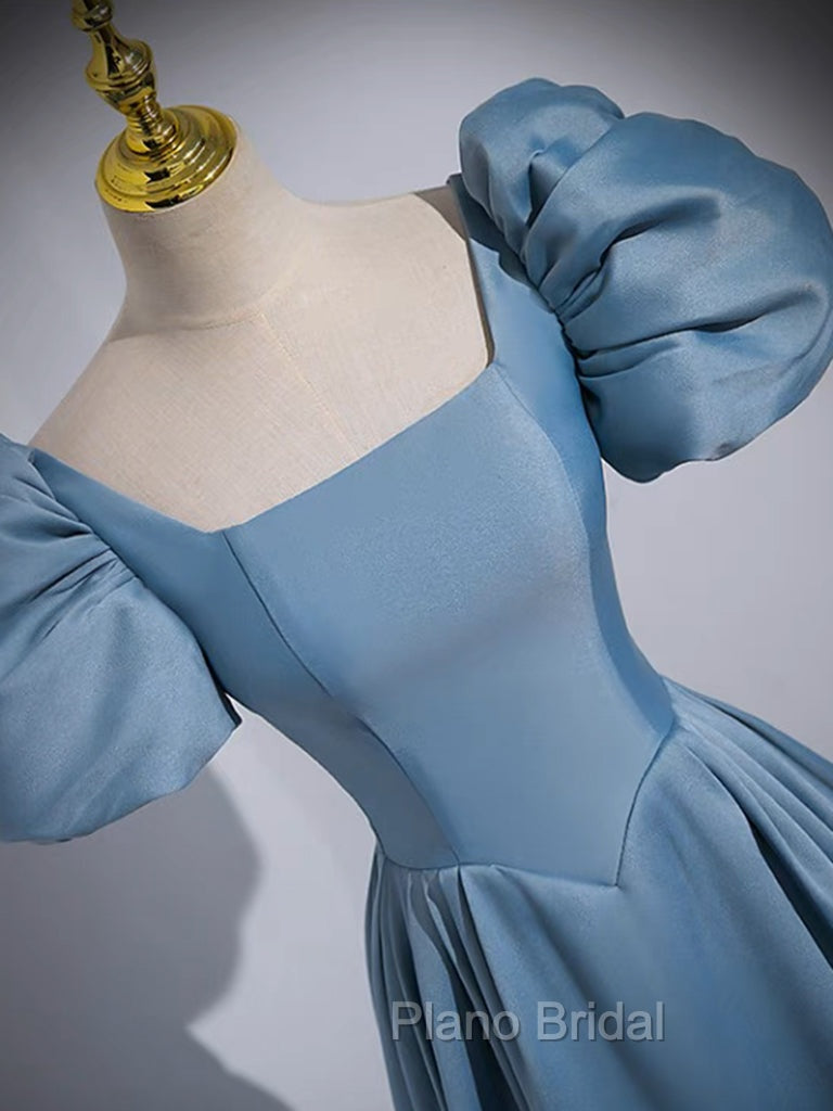 A-Line Satin Blue Long Formal Prom Dresses, Blue Satin Long Evening Dresses