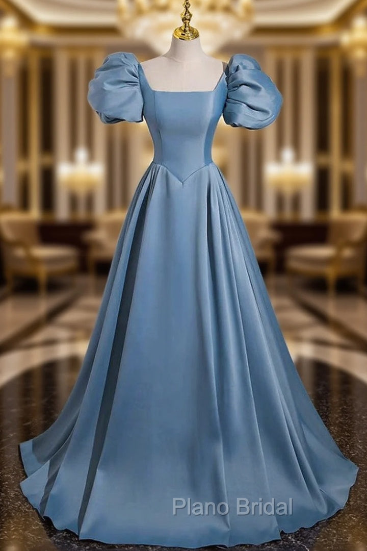 A-Line Satin Blue Long Formal Prom Dresses, Blue Satin Long Evening Dresses Main image