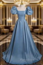 A-Line Satin Blue Long Formal Prom Dresses, Blue Satin Long Evening Dresses