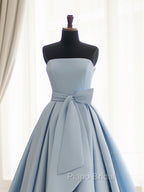 A-Line Satin Blue Long Formal Prom Dresses, Blue Satin Long Formal Dresses