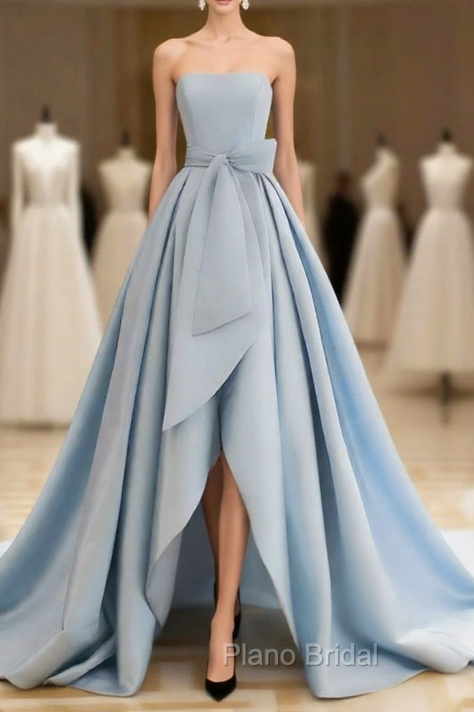 A-Line Satin Blue Long Formal Prom Dresses, Blue Satin Long Formal Dresses