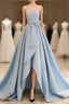 A-Line Satin Blue Long Formal Prom Dresses, Blue Satin Long Formal Dresses