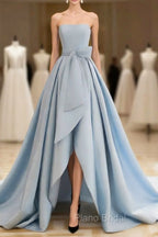 A-Line Satin Blue Long Formal Prom Dresses, Blue Satin Long Formal Dresses