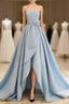A-Line Satin Blue Long Formal Prom Dresses, Blue Satin Long Formal Dresses