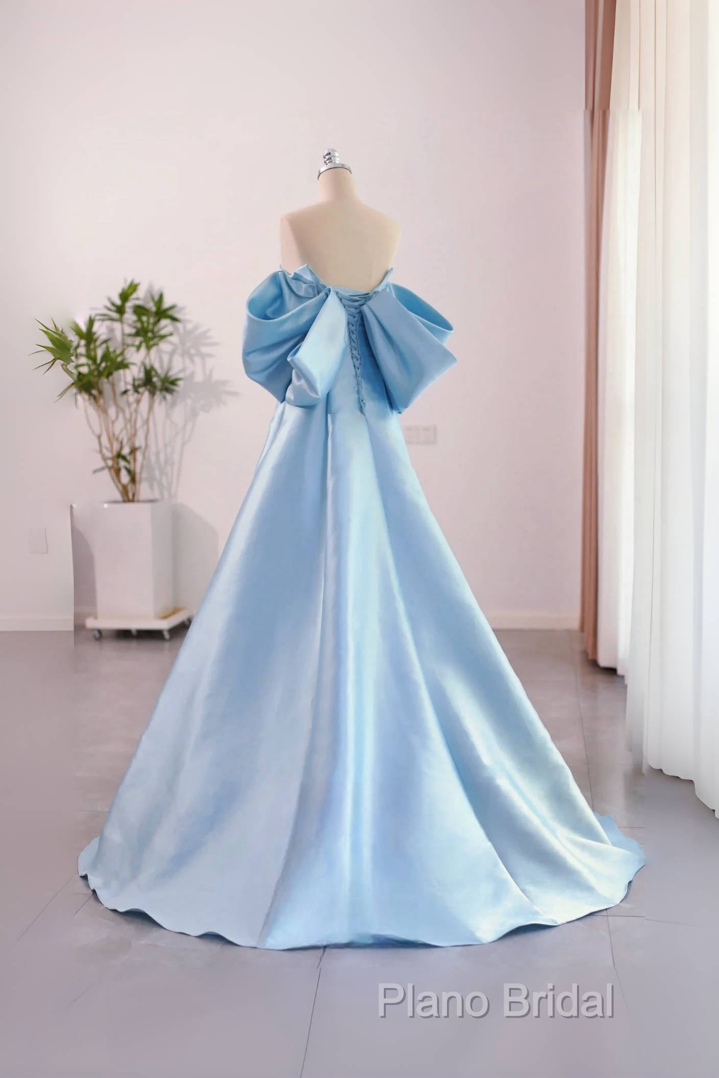 A-Line Satin Blue Long Formal Prom Dresses With Bow Secondary image