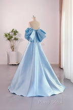 A-Line Satin Blue Long Formal Prom Dresses With Bow