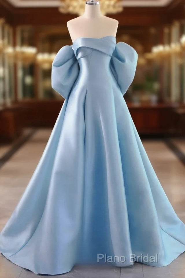 A-Line Satin Blue Long Formal Prom Dresses With Bow Main image