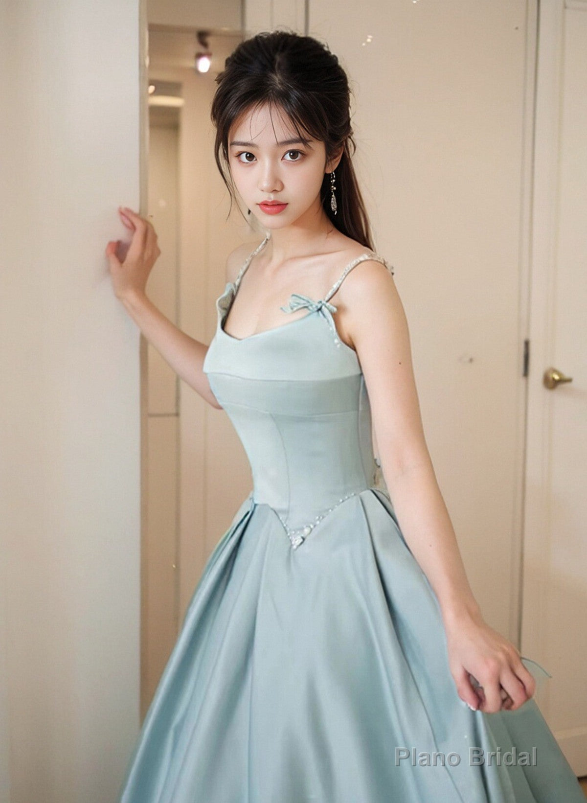 A-line Satin Blue Long Straps Evening Dress, Satin Long Prom Dress Secondary image