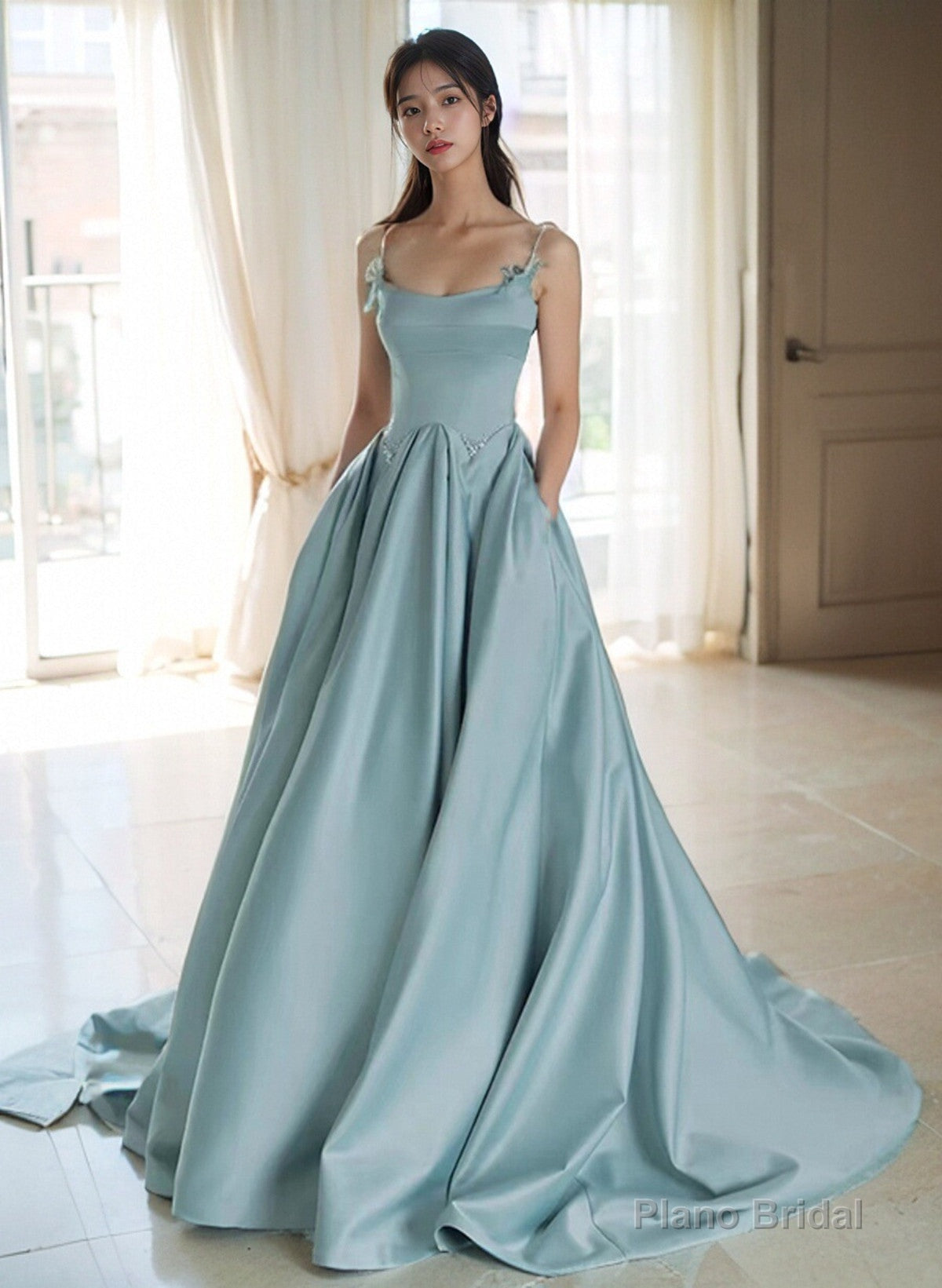 A-line Satin Blue Long Straps Evening Dress, Satin Long Prom Dress Main image