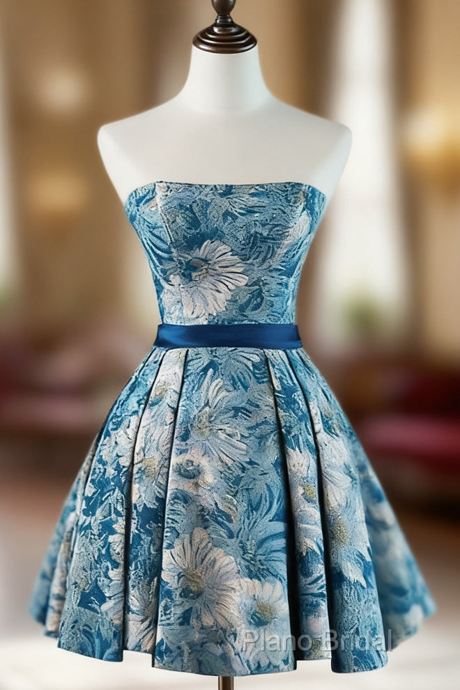 A-Line Satin Blue Short Formal Prom Dresses, Blue Homecoming Dresses Main image