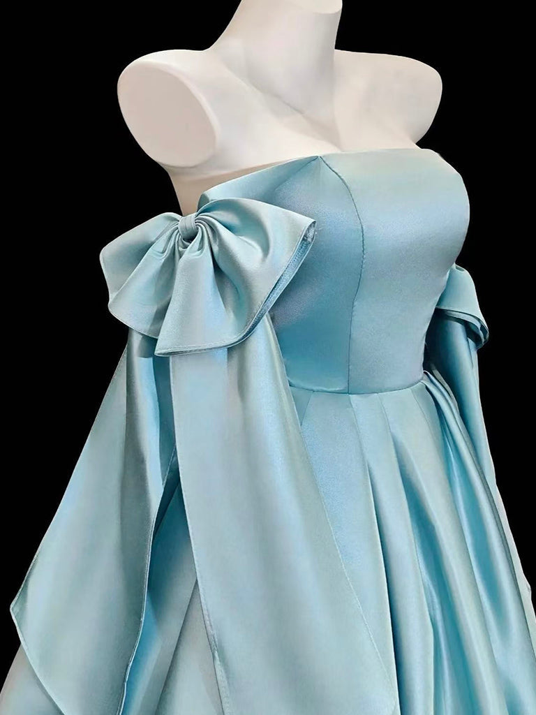 A-Line Satin Blue Short Formal Prom Dresses With Bow Tie Secondary image